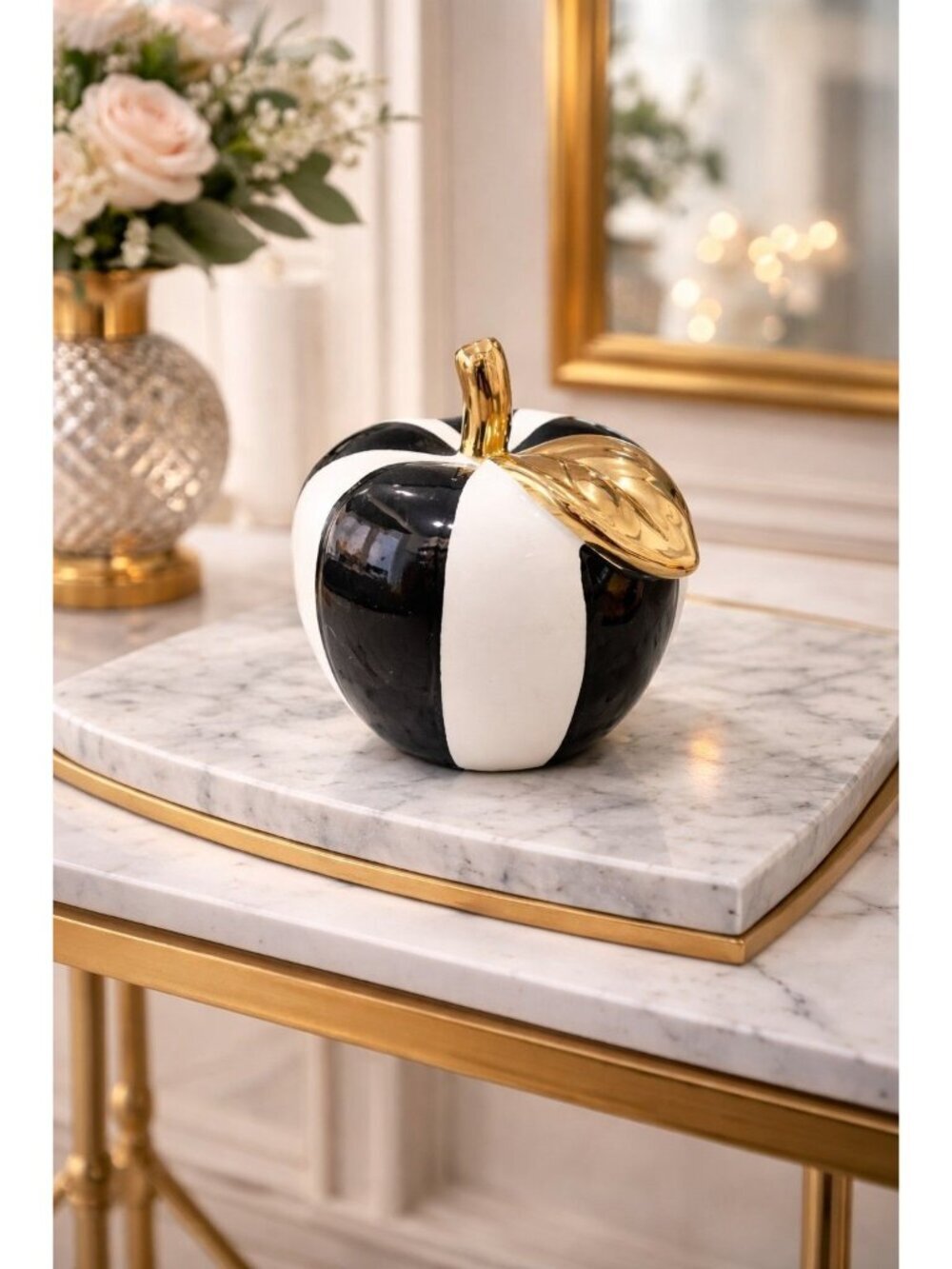 Black & White W/ Gold Circus Stripped Apple Figure Fruit Decoration Home Decor
